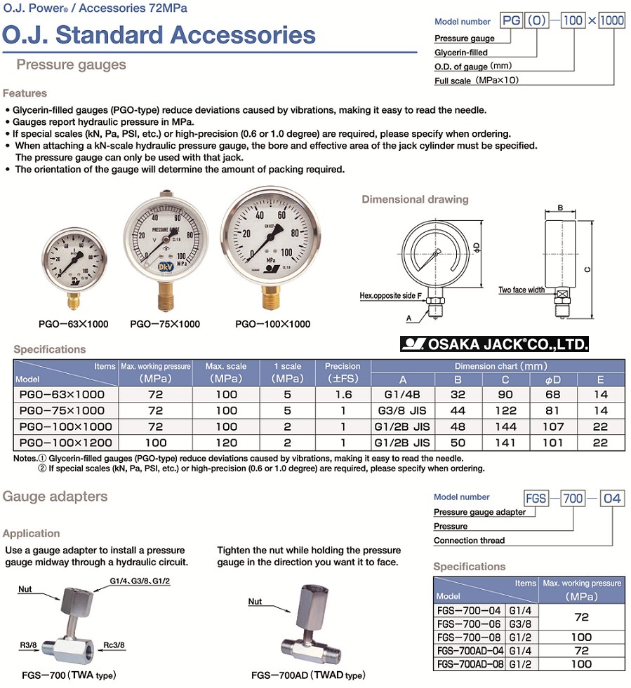 ĐỒNG HỒ THỦY LỰC OSAKA PGO-63X1000 | OSAKA HYDRAULIC PRESSURE GAUGES PGO-63X1000