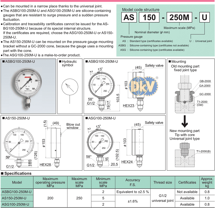 Đồng hồ áp kế thủy lực Riken ASBG100-250M-U, Riken pressure gauges ASBG100-250M-U