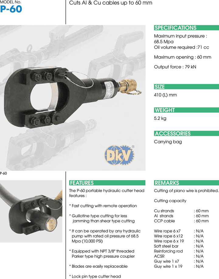Đầu cắt cable thủy lực Izumi P-60, Izumi hydraulic cutters P-60