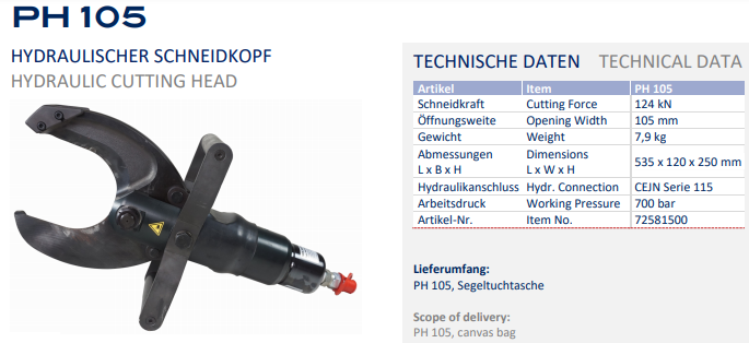 Đầu cắt cable thủy lực Holger Clasen PH 105, Holger Clasen hydraulic cable Cutter PH 105