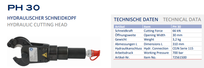 Đầu cắt cable thủy lực Holger Clasen PH 30, Holger Clasen hydraulic cable Cutter PH 30