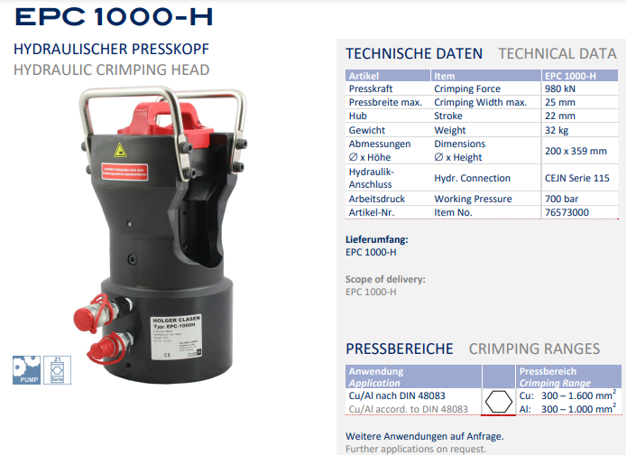 Đầu ép cốt thủy lực Holger Clasen EPC 1.000-H, Holger Clasen hydraulic Crimpers EPC 1.000-HA