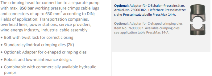 Đầu ép cốt thủy lực Holger Clasen EPC 510-HC, Holger Clasen hydraulic Crimpers EPC 510-HC