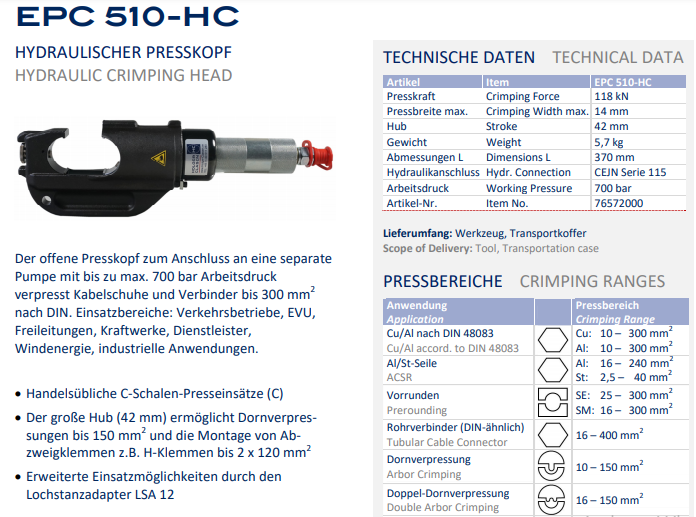 Đầu ép cốt thủy lực Holger Clasen EPC 510-HC, Holger Clasen hydraulic Crimpers EPC 510-HC