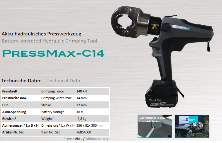 Máy ép cốt thủy lực Holger Clasen PressMax C14-Set, Holger Clasen hydraulic Crimpers PressMax C14-Set