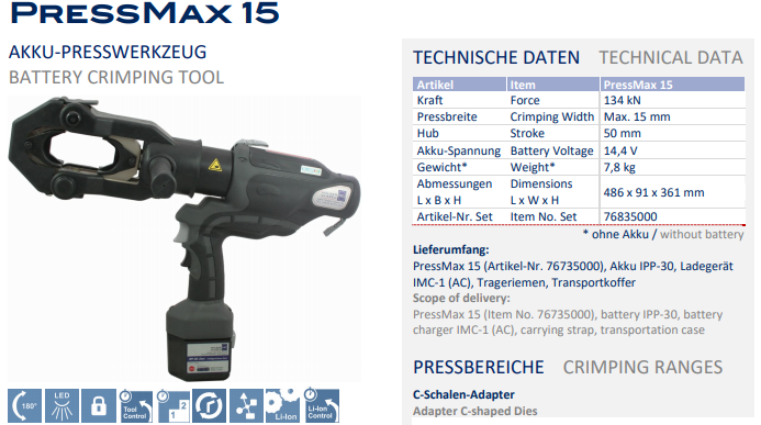 Máy ép cốt thủy lực Holger Clasen PressMax 15-Set, Holger Clasen hydraulic Crimpers PressMax 15-Set