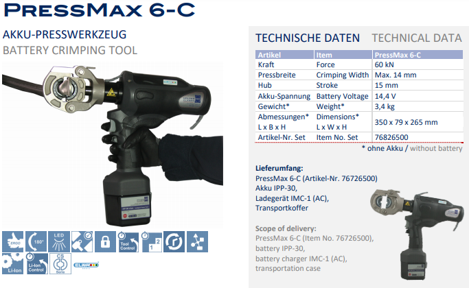 Máy ép cốt thủy lực Holger Clasen PressMax 6-C-Set, Holger Clasen hydraulic Crimpers PressMax 6-C-Set