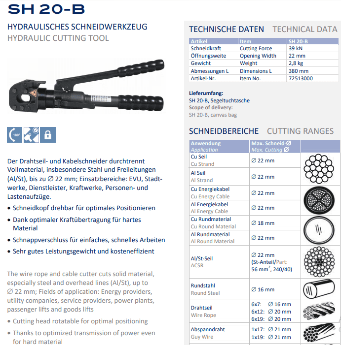 kim cat cable thuy luc holger clasen sh-20b, holger clasen hydraulic cable cutter sh-20b