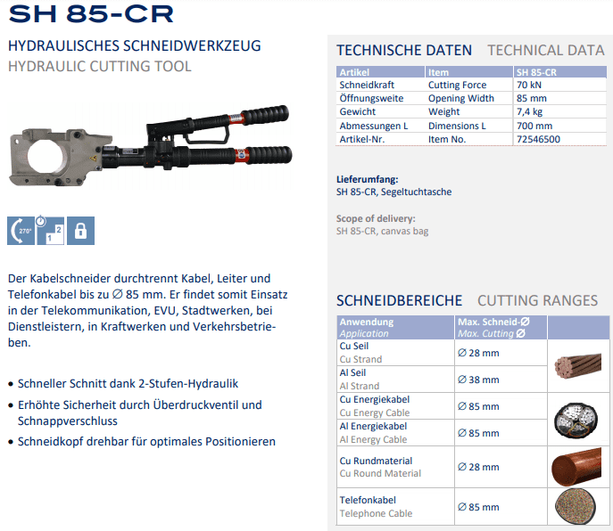 Kìm cắt cable thủy lực Holger Clasen SH 85-CR, Holger Clasen hydraulic cable cutter SH 85-CR