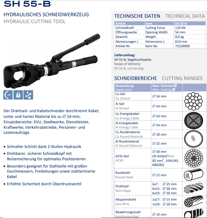 Kìm cắt cable thủy lực Holger Clasen SH 55-B, Holger Clasen hydraulic cable cutter SH 55-B