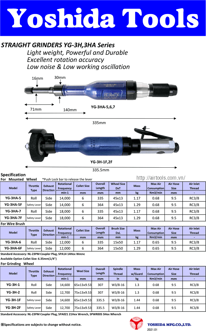 Máy mài ngang khí nén Yoshida Tools YGL-3HA-5, Yoshida Tools air straight grinders YGL-3HA-5