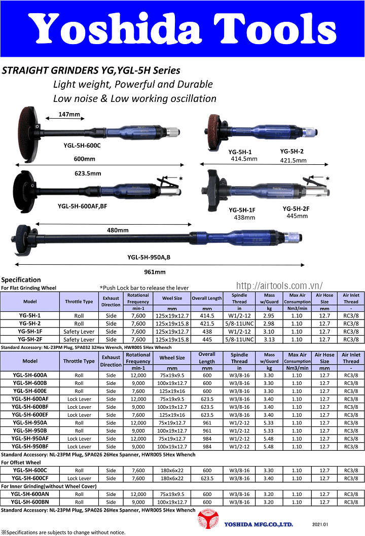 Máy mài ngang khí nén Yoshida Tools YGL-5H-600A, Yoshida Tools air straight grinders YGL-5H-600A