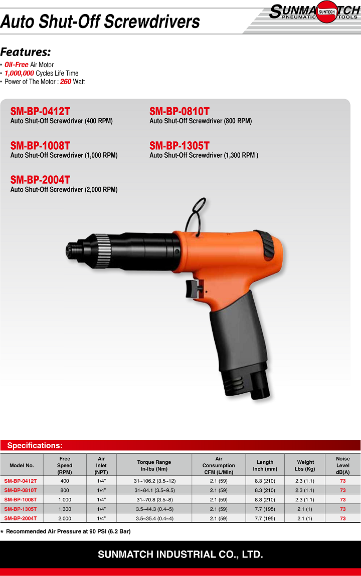 Súng bắn vít khí nén Suntech SM-BP-0412T, Suntech air screwdrivers SM-BP-0412T