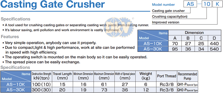 Tách mặt bích thuỷ lực Osaka AS-10K, Osaka casting gate crusher AS-10K